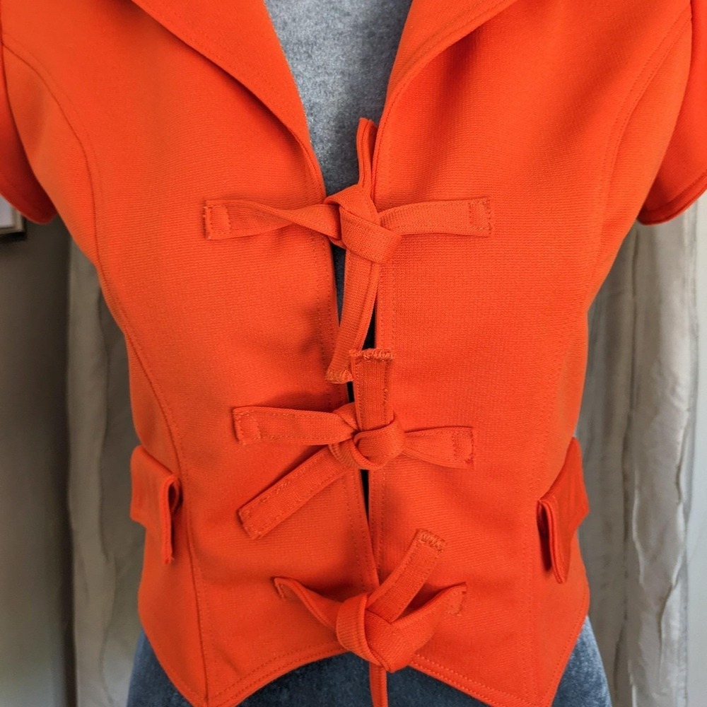 Vintage 70s Mod Cropped Top Vest XS/S Orange Tie Front Waistcoat Space Age - Picture 2 of 14